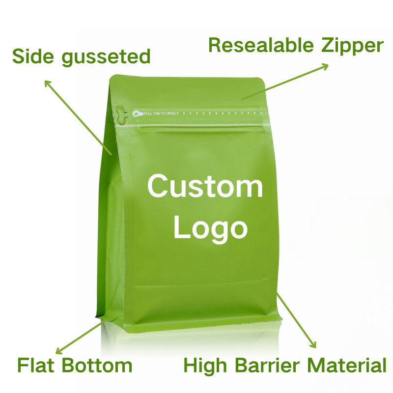 Custom Printed Logo Matt Green Coffee Beans Packaging Aluminum Foil Coffee Pouch With Air Valve