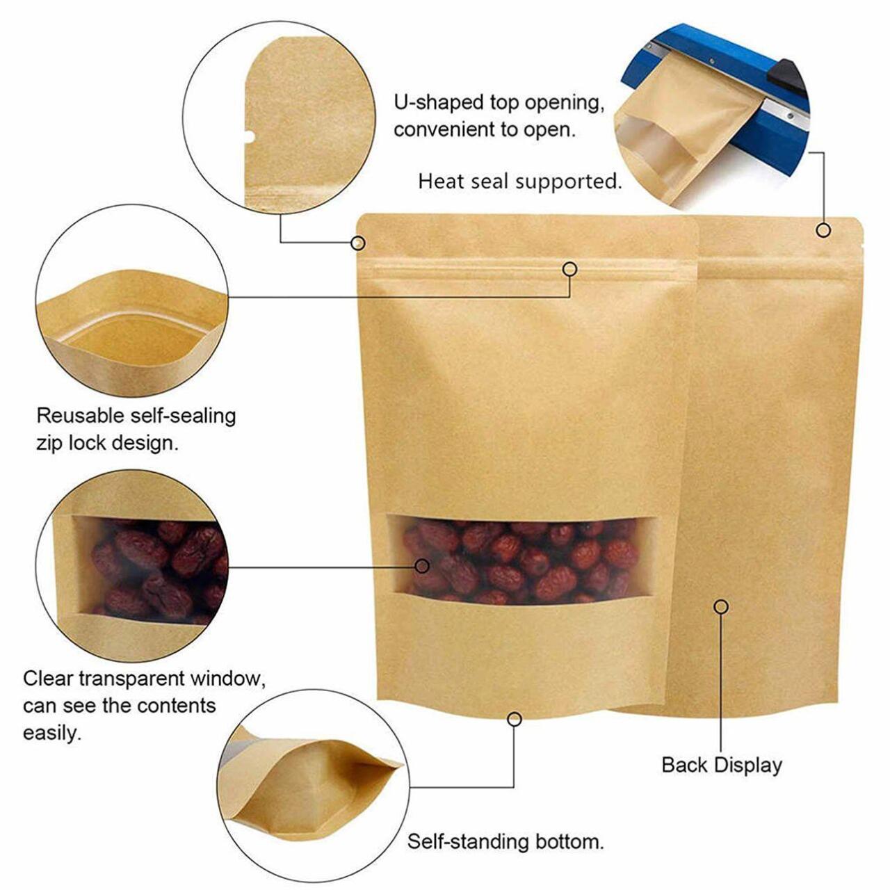In Stock Blank Zipper Paper Packaging Bag Various Size Kraft Paper Stand up Pouch for Food