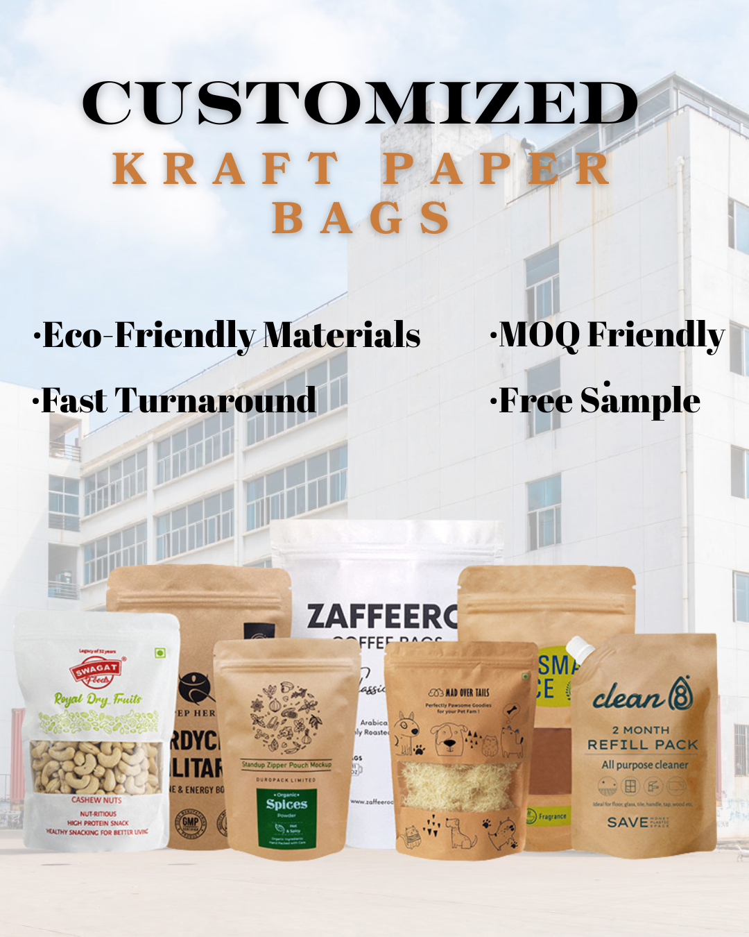 In Stock Blank Zipper Paper Packaging Bag Various Size Kraft Paper Stand up Pouch for Food