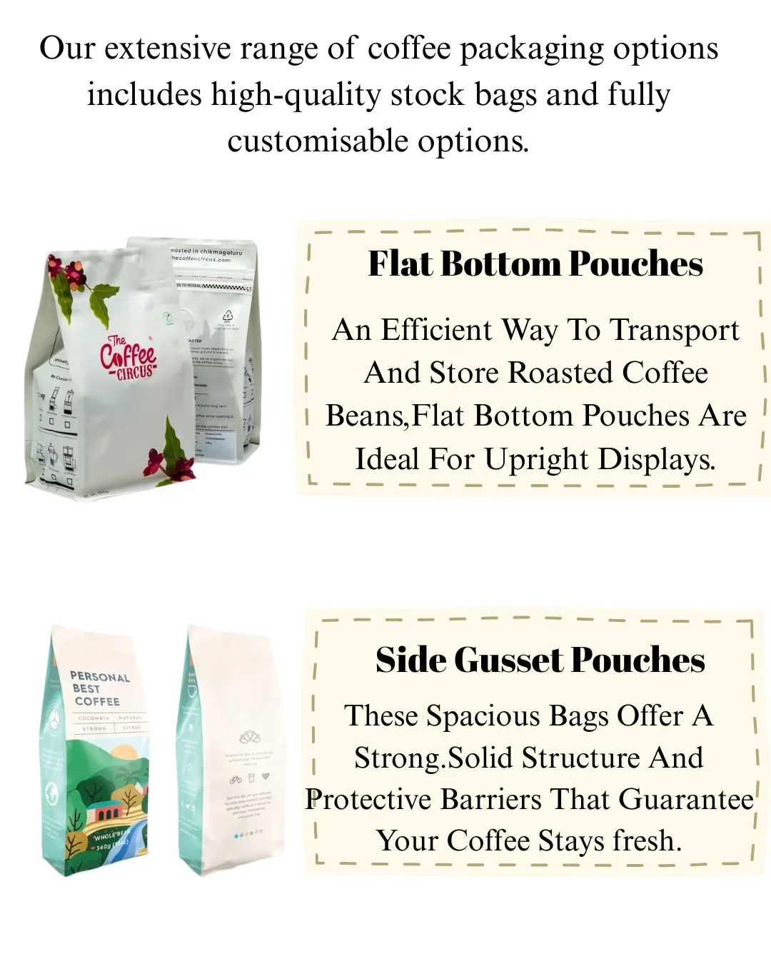 Coffee Bag Types Compared: Flat Bottom, Side Gusset, Quad Seal and Stand-Up Pouches Coffee Bag Types Compared: Flat Bottom, Side Gusset, Quad Seal and Stand-Up Pouches